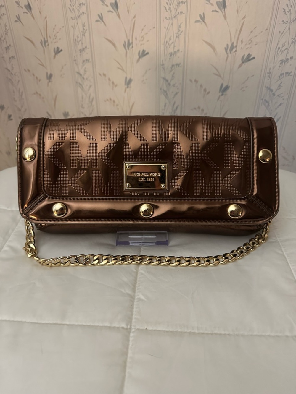 Michael Kors Metallic Copper Logo Chain Clutch